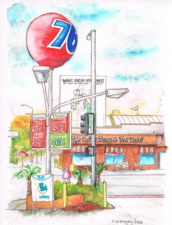 76 Gas Station Poster featuring the painting The Coffee Bean and 76 Gas Station in Westwood, California by Carlos G Groppa
