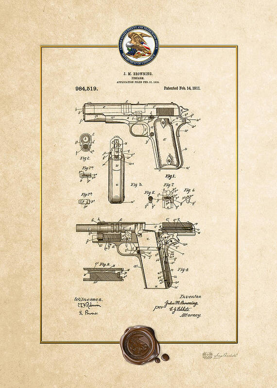 C7 Vintage Patents Weapons And Firearms Poster featuring the digital art Colt 1911 by John M. Browning - Vintage Patent Document by Serge Averbukh