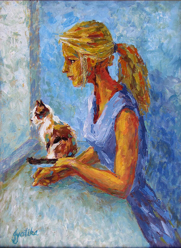 Girl And Cat Poster featuring the painting Curiosity by Jyotika Shroff