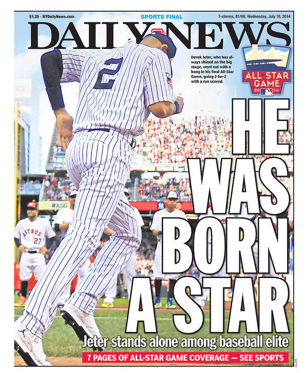 American League Baseball Poster featuring the photograph Daily News Back Page Derek Jeter by New York Daily News