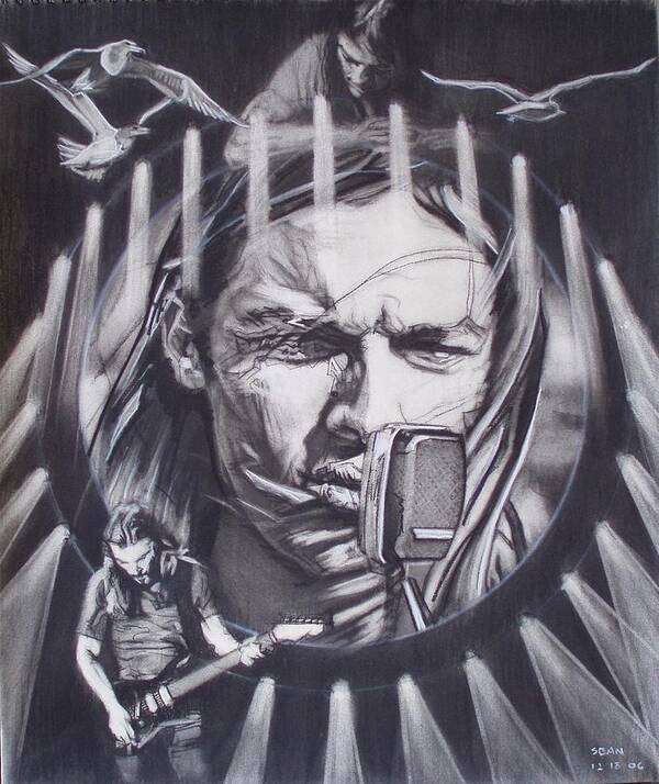 Charcoal Pencil On Paper Poster featuring the drawing David Gilmour Of Pink Floyd - Echoes by Sean Connolly