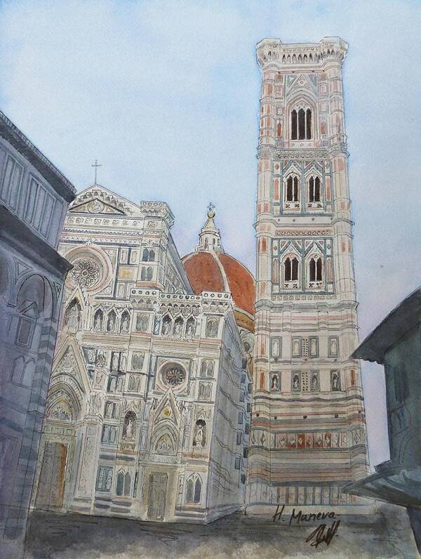 Architecture Poster featuring the painting Duomo Florence in color by Henrieta Maneva
