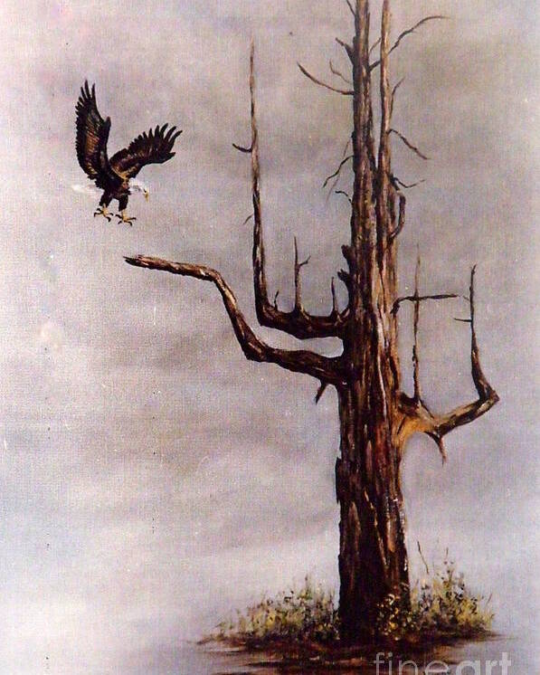 Eagle In Flight Poster featuring the painting Eagle with Snag by Lynne Parker