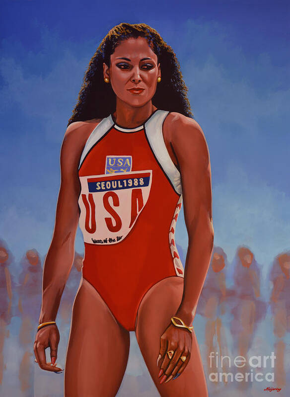 Florence Griffith Poster featuring the painting Florence Griffith - Joyner by Paul Meijering