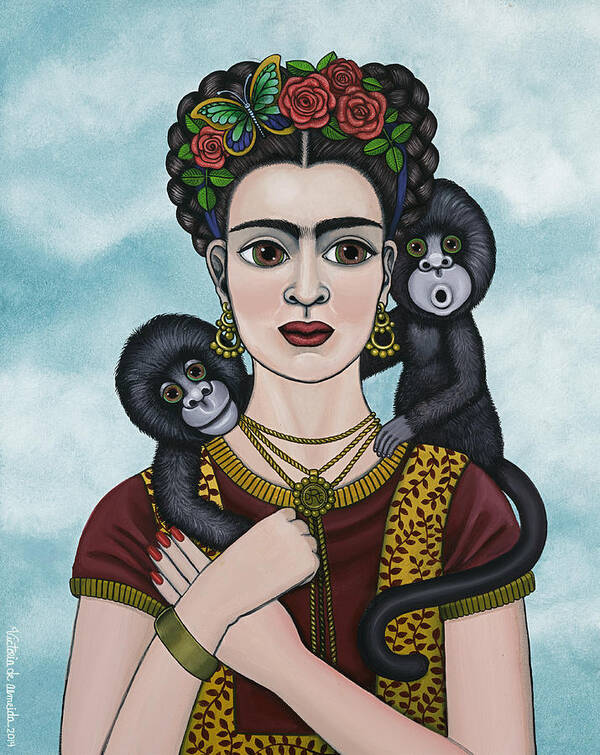 Frida Kahlo Poster featuring the painting Frida In The Sky by Victoria De Almeida