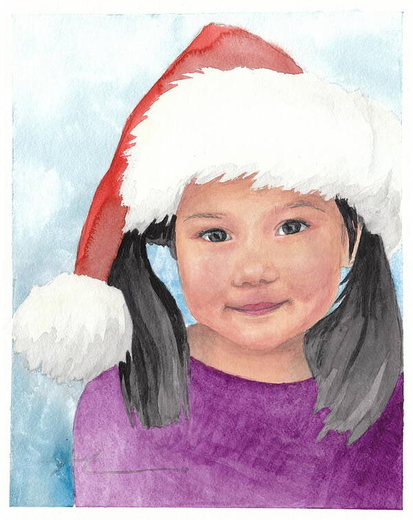 <a Href=http://miketheuer.com Target =_blank>www.miketheuer.com</a> Girl In Santa Hat Watercolor Portrait Poster featuring the painting Girl In Santa Hat Watercolor Portrait by Mike Theuer