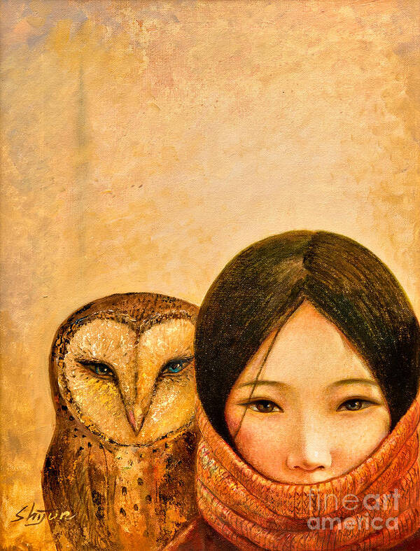 Shijun Poster featuring the painting Girl with Owl by Shijun Munns