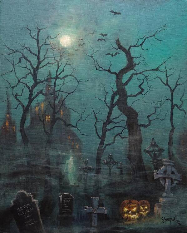  Cemetery Poster featuring the painting Halloween Ghost by Tom Shropshire