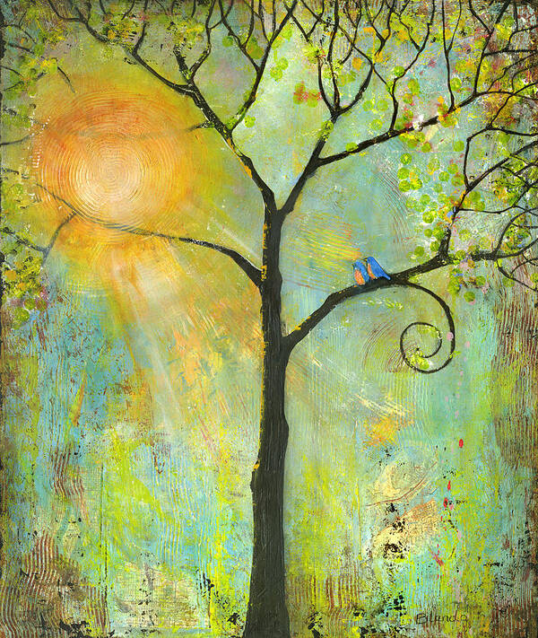 Tree Poster featuring the painting Hello Sunshine Tree Birds Sun by Blenda Studio