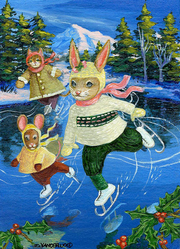 Rabbit Poster featuring the painting Holiday Ice Skating Party by Jacquelin L Vanderwood Westerman