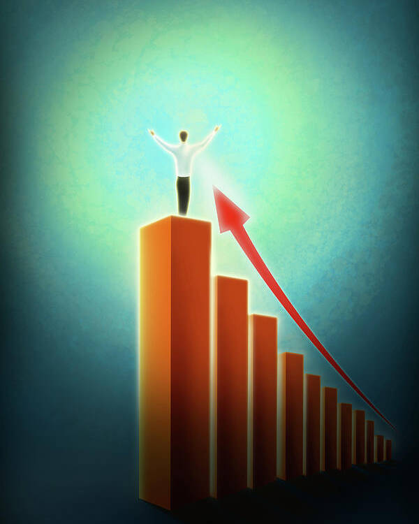 Achievement Poster featuring the photograph Illustration Of Businessman Standing On Bar Graph by Fanatic Studio / Science Photo Library