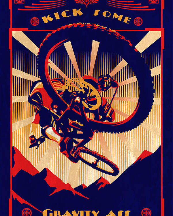 Retro Mountain Biking Poster Poster featuring the painting Kick Some Gravity Ass by Sassan Filsoof