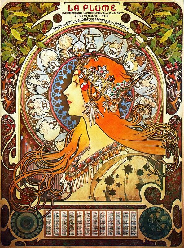 Alphonse Mucha Poster featuring the painting La Plume Zodiac by Alphonse Mucha