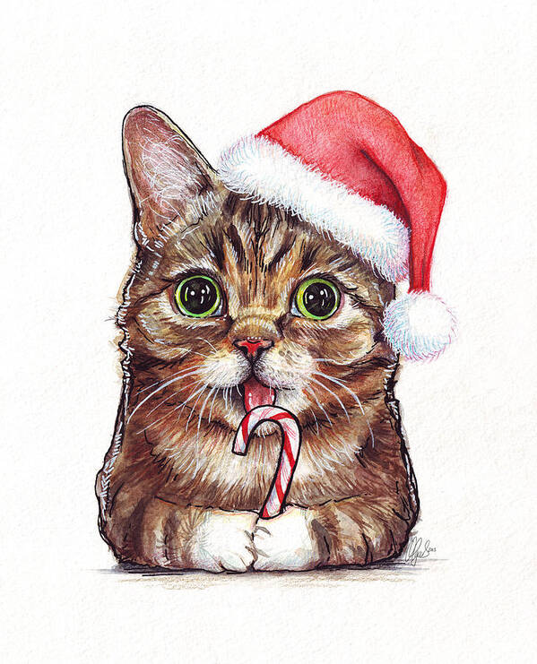 Lil Bub Poster featuring the painting Cat Santa Christmas Animal by Olga Shvartsur