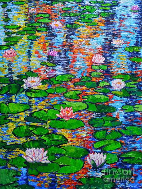 Lilies Poster featuring the painting Lily Pond Colorful Reflections by Ana Maria Edulescu