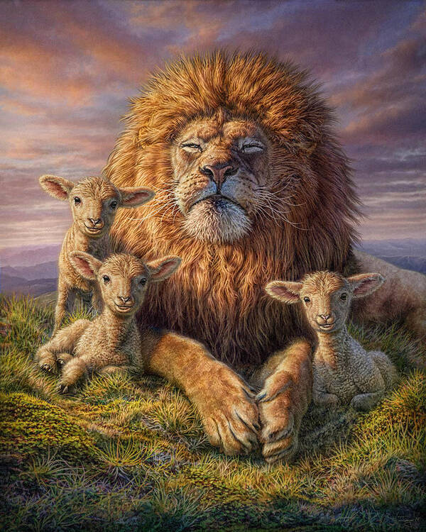 Lion Poster featuring the mixed media Lion and Lambs by Phil Jaeger