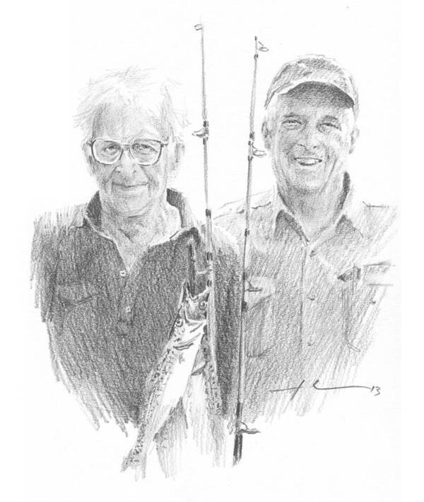 <a Href=http://miketheuer.com Target =_blank>www.miketheuer.com</a> Me And Dad Fishing Pencil Portrait Poster featuring the drawing Me And Dad Fishing Pencil Portrait by Mike Theuer