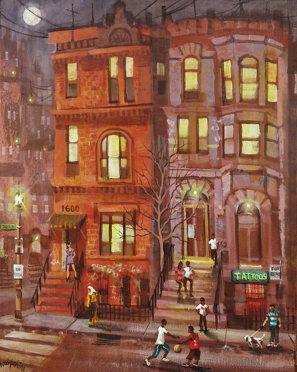  Brownstone Poster featuring the painting Moon Over Third Street by Tom Shropshire