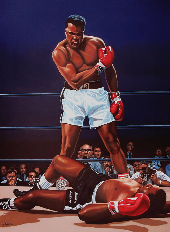 Mohammed Ali Versus Sonny Liston Muhammad Ali Paul Meijering Boxing Boxer Prizefighter Mohammed Ali Ali Sonny Liston Cassius Clay Big Bear The Greatest Boxing Champion The People's Champion The Louisville Lip Knockout Paul Meijering Wbc World Champions Heavyweight Boxing Champions Athlete Icon Portrait Realism Sport Heavyweight Adventure Down Sportsman Hero Painting Canvas Realistic Painting Art Artwork Work Of Art Realistic Art Ring Celebrity Celebrities Poster featuring the painting Muhammad Ali versus Sonny Liston by Paul Meijering