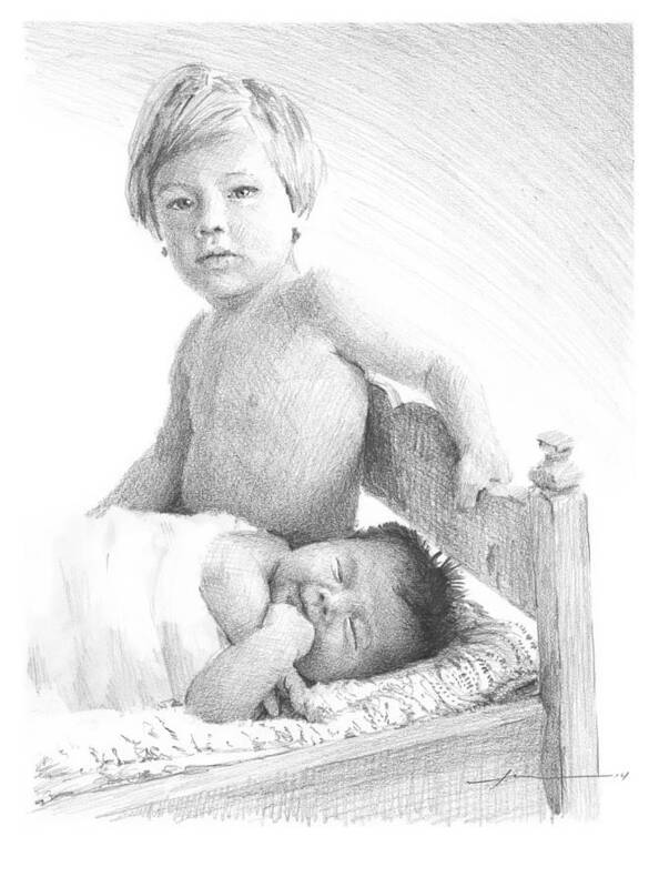 Www.miketheuer.com New Baby And Brother Pencil Portrait Poster featuring the drawing New Baby And Brother Pencil Portrait by Mike Theuer