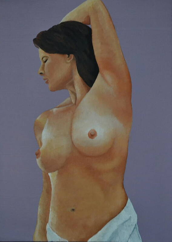 A Nude Women Wearing A White Towel Around Her Waist. The Woman Is A Professional Model Named Donna From Western New York. Poster featuring the painting Nude in a Towel by Martin Schmidt