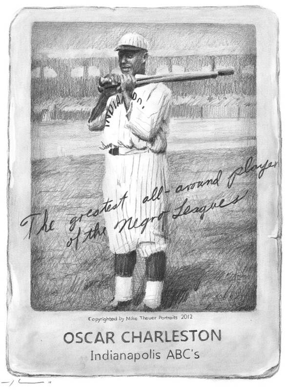 <a Href=http://miketheuer.com Target =_blank>www.miketheuer.com</a> Poster featuring the drawing Oscar Charleston Baseball Card Pencil Portrait by Mike Theuer