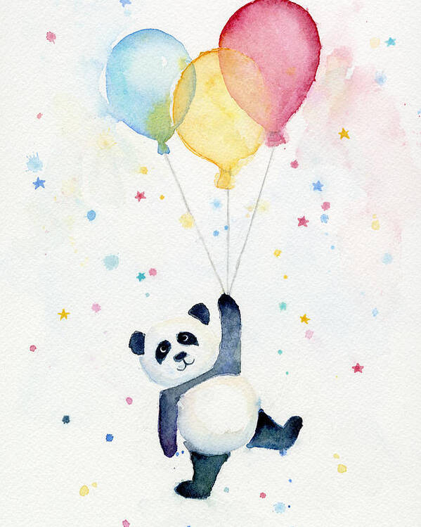 Panda Poster featuring the painting Panda Floating with Balloons by Olga Shvartsur
