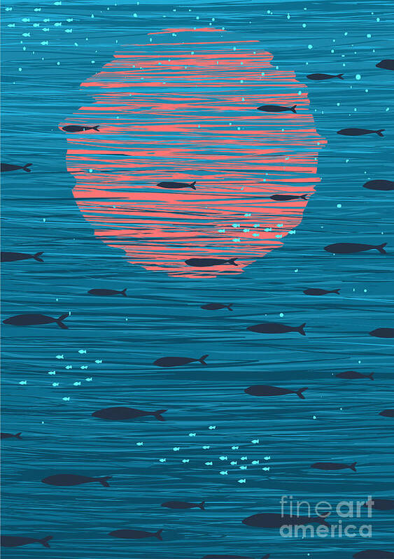 Deep Poster featuring the digital art Pink Sunset And Fish Underwater Cartoon by Popmarleo