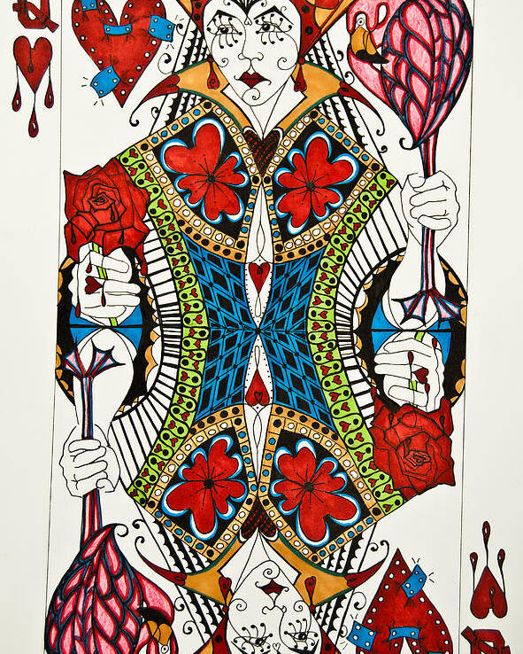 Queen Of Hearts Poster featuring the drawing Queen Of Hearts Face Card by Jani Freimann