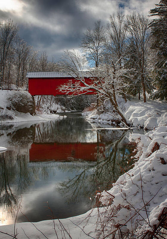 Northfield Fall Covered Bridge Poster featuring the photograph Reflection of Slaughterhouse covered bridge by Jeff Folger
