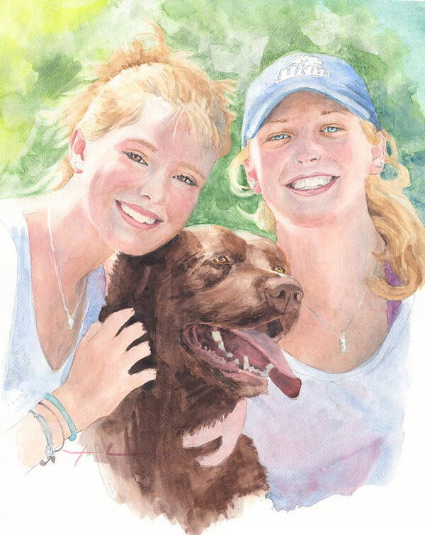 <a Href=http://miketheuer.com Target =_blank>www.miketheuer.com</a> Sisters & Chocolate Lab In Sun Watercolor Portrait Poster featuring the painting Sisters And Chocolate Lab In Sun Watercolor Portrait by Mike Theuer
