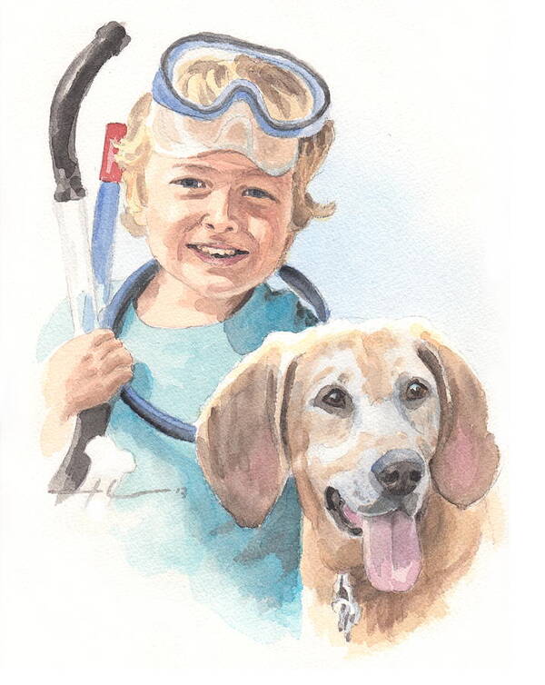 <a Href=http://miketheuer.com Target =_blank>www.miketheuer.com</a> Snorkling Boy And Dog Watercolor Portrait Poster featuring the drawing Snorkling Boy And Dog Watercolor Portrait by Mike Theuer