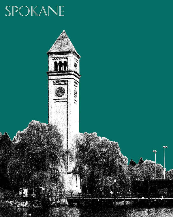 Architecture Poster featuring the digital art Spokane Skyline Clock Tower - Sea Green by DB Artist