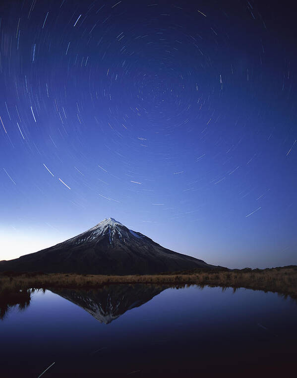 Feb0514 Poster featuring the photograph Star Trails Over Mt Taranaki New Zealand by Harley Betts