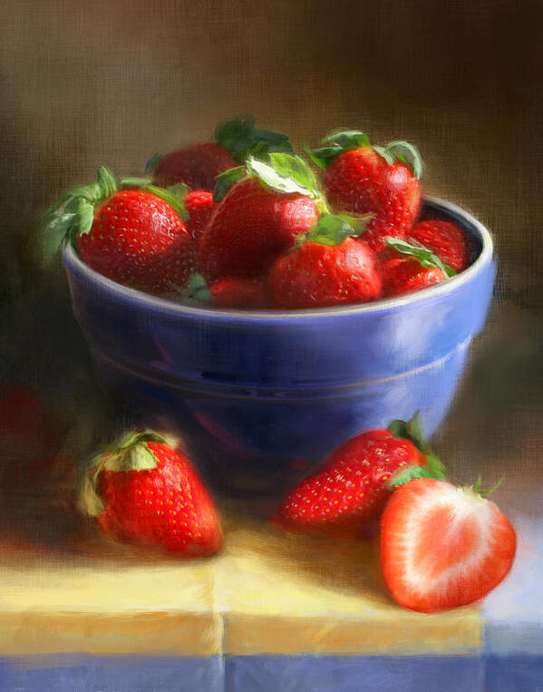Strawberry Poster featuring the painting Strawberries on Yellow and Blue by Robert Papp