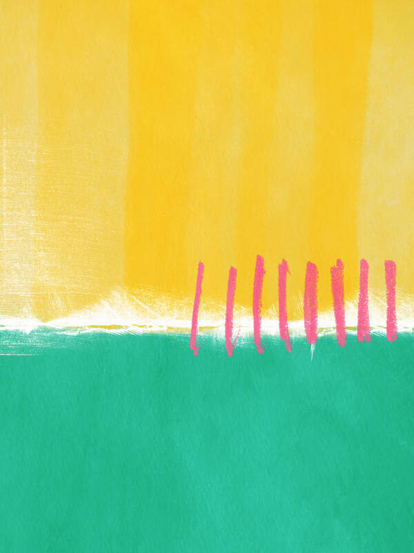 Large Contemporary Abstract Landscape Abstract Painting Yellow And Pink Yellow And Turquoise Yellow Abstract Painting Fresh Spring Summer Nature Cheery Painting Lobby Art Office Art Hospitality Art Studio Art Gallery Art Turquoise Art Contemporary Abstract Painting Zen Abstract Poster featuring the painting Summer Walk by Linda Woods
