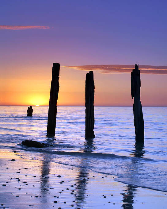 Sunset Jetty Ruin Pylons Beach Posts Port Willunga South Australia Seascape Australian Poster featuring the photograph Sunset Romance by Bill Robinson