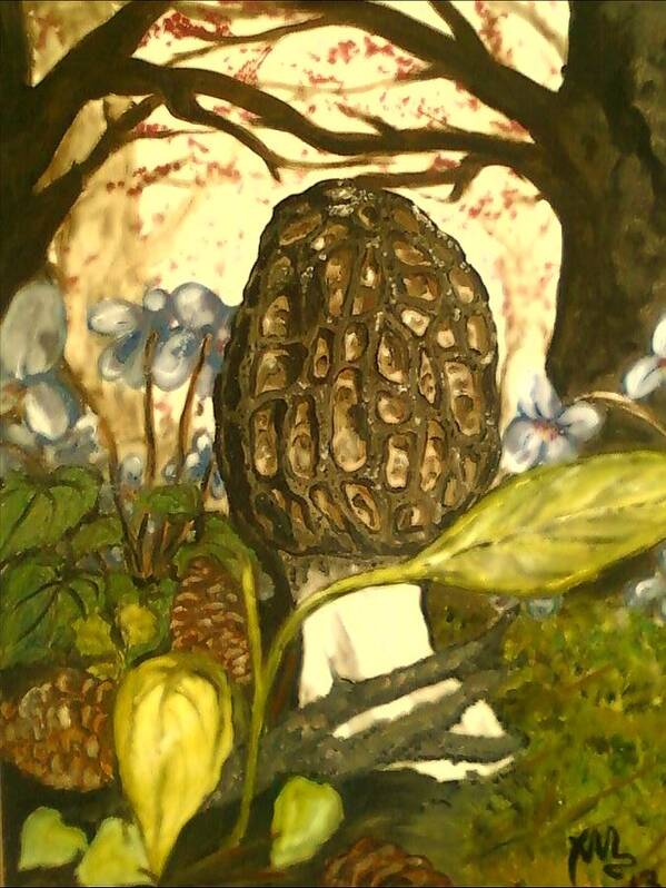 Morel Poster featuring the painting The Elusive Morel Among Violets by Alexandria Weaselwise Busen