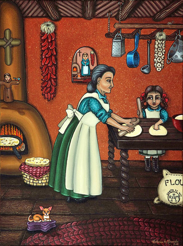 Folk Art Poster featuring the painting The Lesson or Making Tortillas by Victoria De Almeida