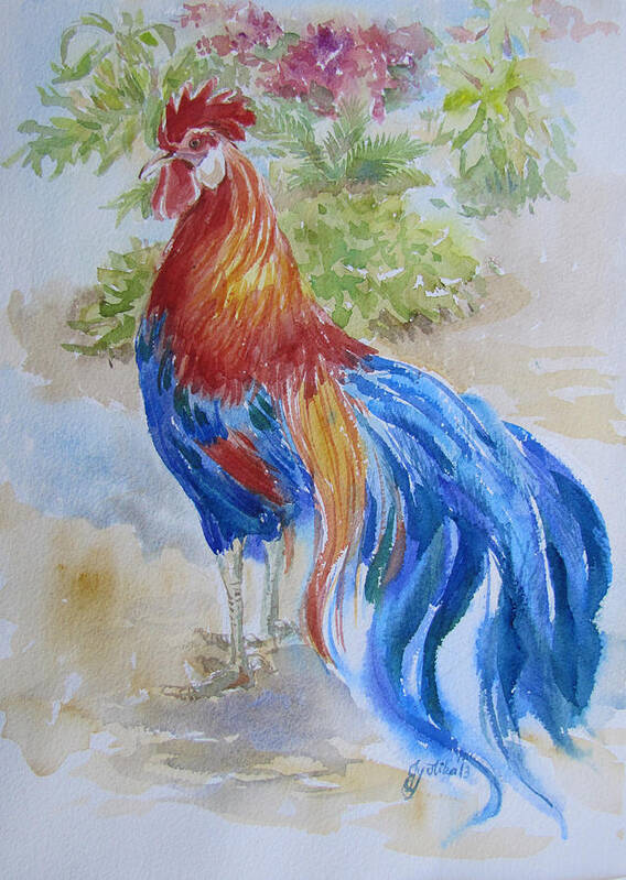 Rooster Poster featuring the painting Long Tail Rooster by Jyotika Shroff
