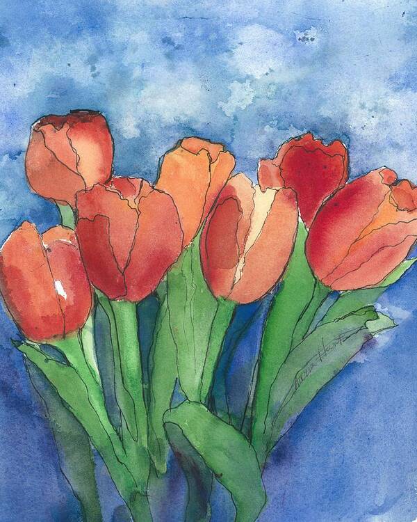 Red And Orange Tulips Poster featuring the painting Tulips After the Rain by Maria Hunt