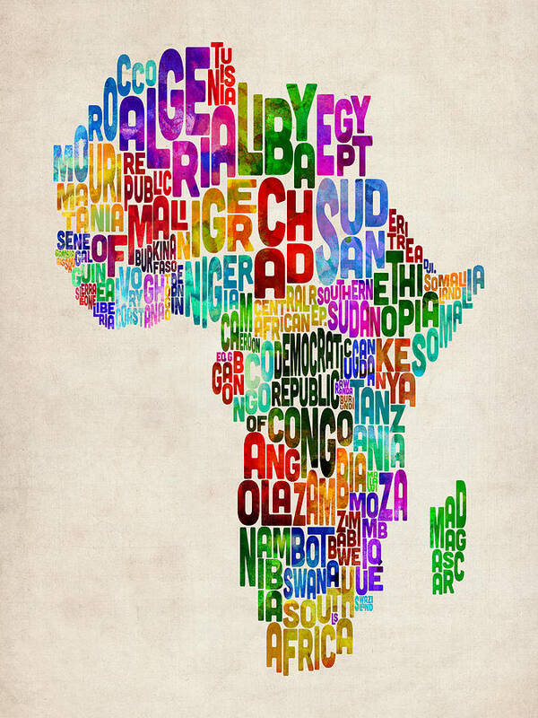 Africa Map Poster featuring the digital art Typography Map of Africa by Michael Tompsett