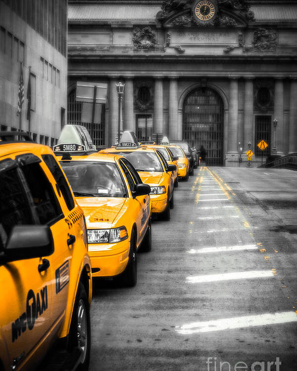Nyc Poster featuring the photograph Yellow Cabs waiting - Grand Central Terminal - bw o by Hannes Cmarits