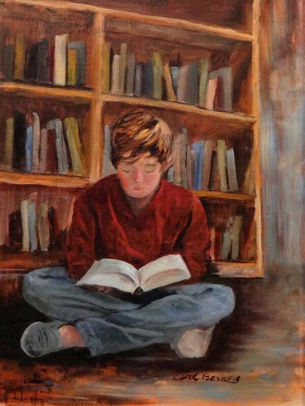 Boy In Library Poster featuring the painting In a Land Far Away by Carol Berning