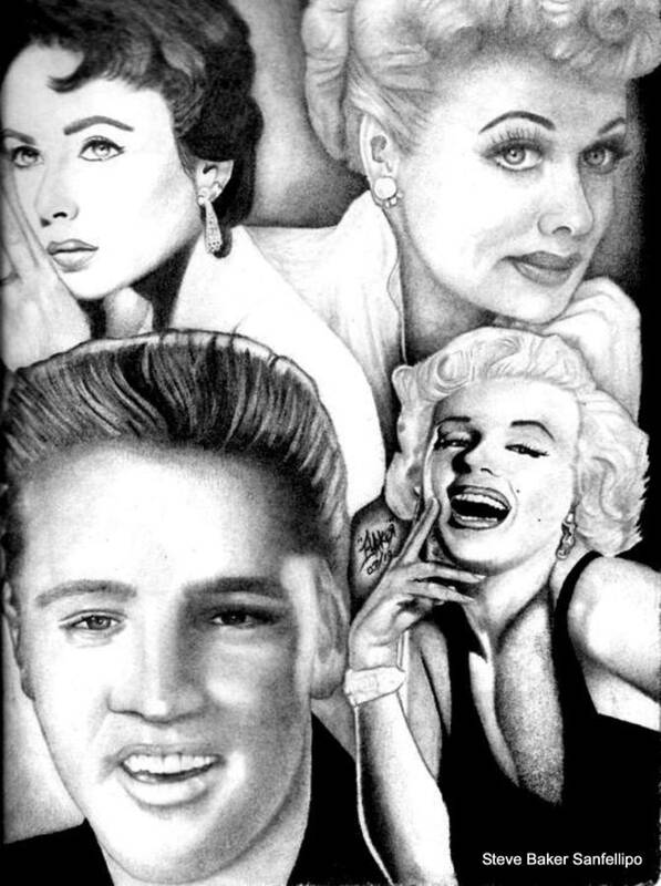 Elizabeth Taylor Poster featuring the drawing Elizabeth Taylor Lucille Ball Elvis Presley Marilyn Monroe by Steve Baker Sanfellipo