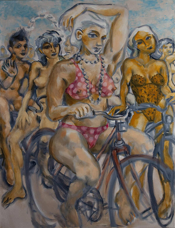 Nudes Poster featuring the painting Painted ladies on the naked bike ride take a break in view of the London Eye by Peregrine Roskilly