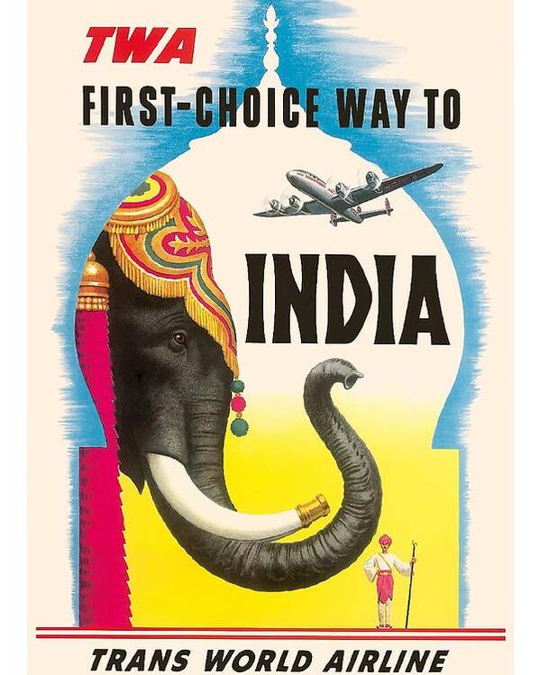 India Elephant TWA Vintage Airline Travel Art Poster Giclee 