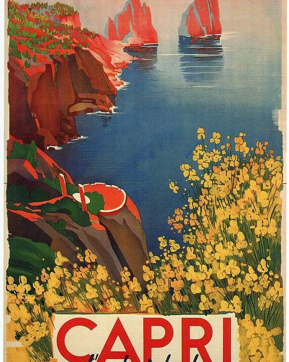 Capri Poster featuring the mixed media Capri Island, Bay of Naples, Italy - Retro travel Poster - Vintage Poster by Studio Grafiikka