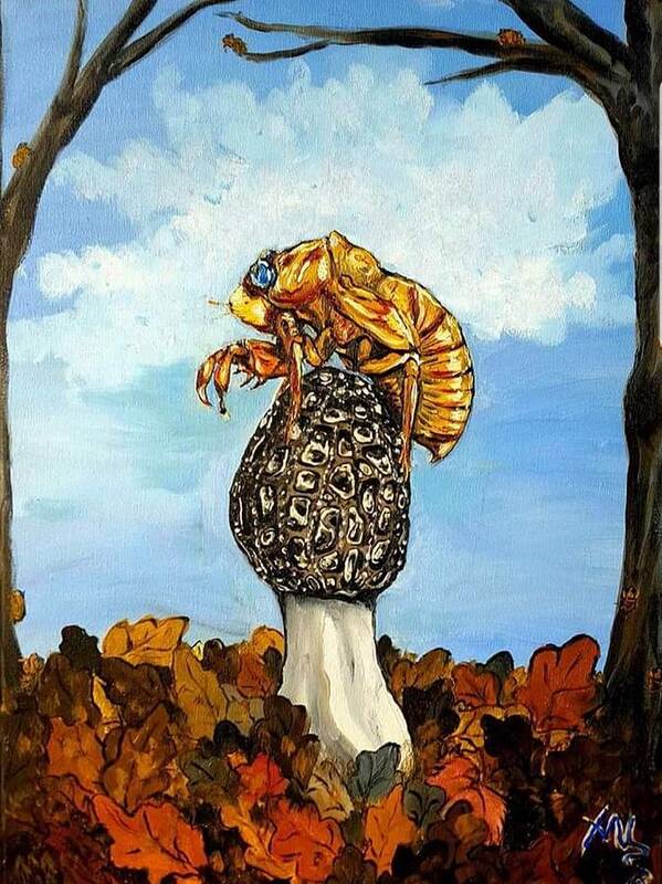 Morel Poster featuring the painting 17 year Cicada With Morel by Alexandria Weaselwise Busen