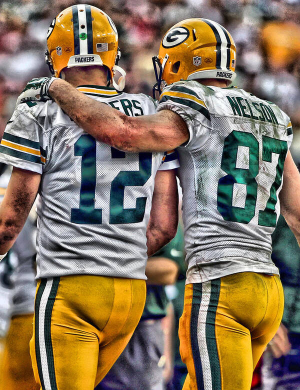 Aaron Rodgers Poster featuring the painting Aaron Rodgers Jordy Nelson Green Bay Packers Art by Joe Hamilton